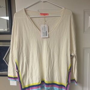 Vilagallo Cream V-Neck Top with Colorful Trim